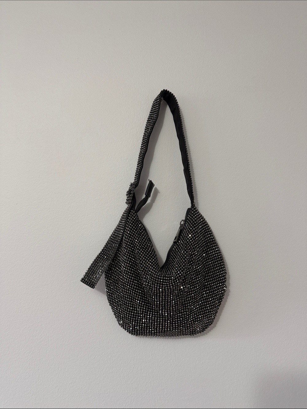 Black Crystal-Embellished Evening Hobo Bag